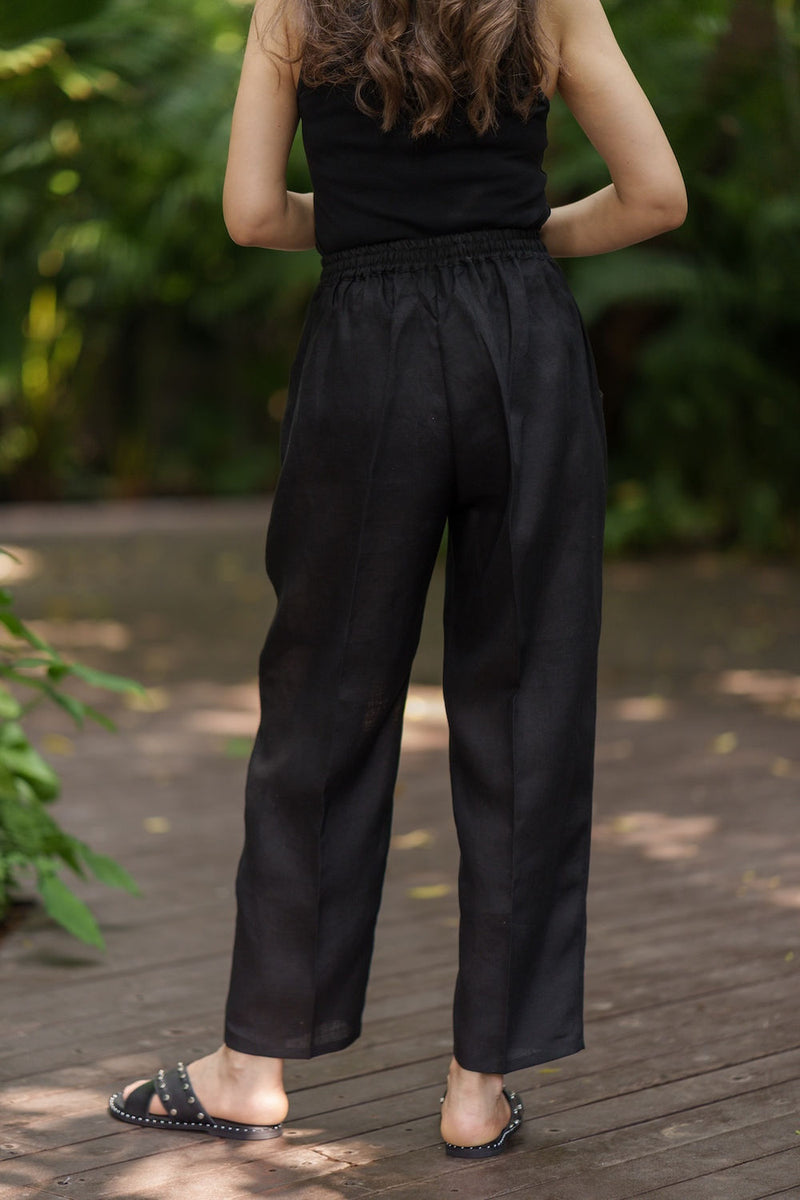Shinrin Drawstring Pants linen by Zanzibar Living in black for women Worldwide