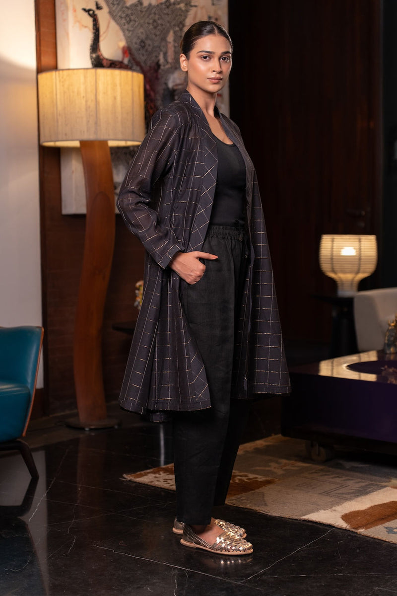 Kuro Chanderi Cape linen by Zanzibar Living in black, gold for women Worldwide