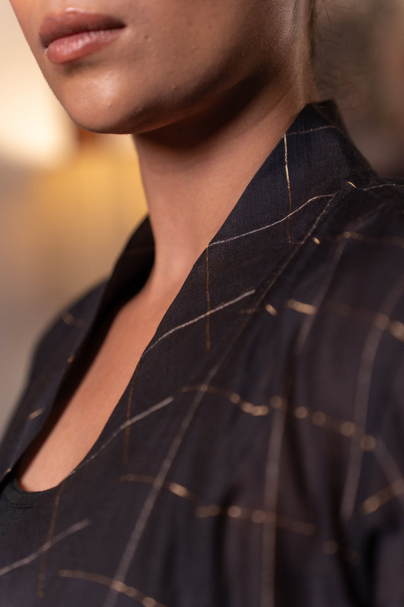 Kuro Chanderi Cape linen by Zanzibar Living in black, gold for women Worldwide
