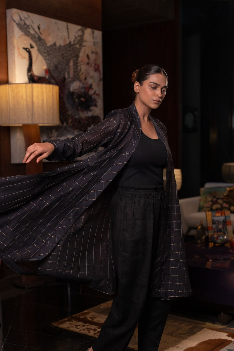 Kuro Chanderi Cape linen by Zanzibar Living in black, gold for women Worldwide