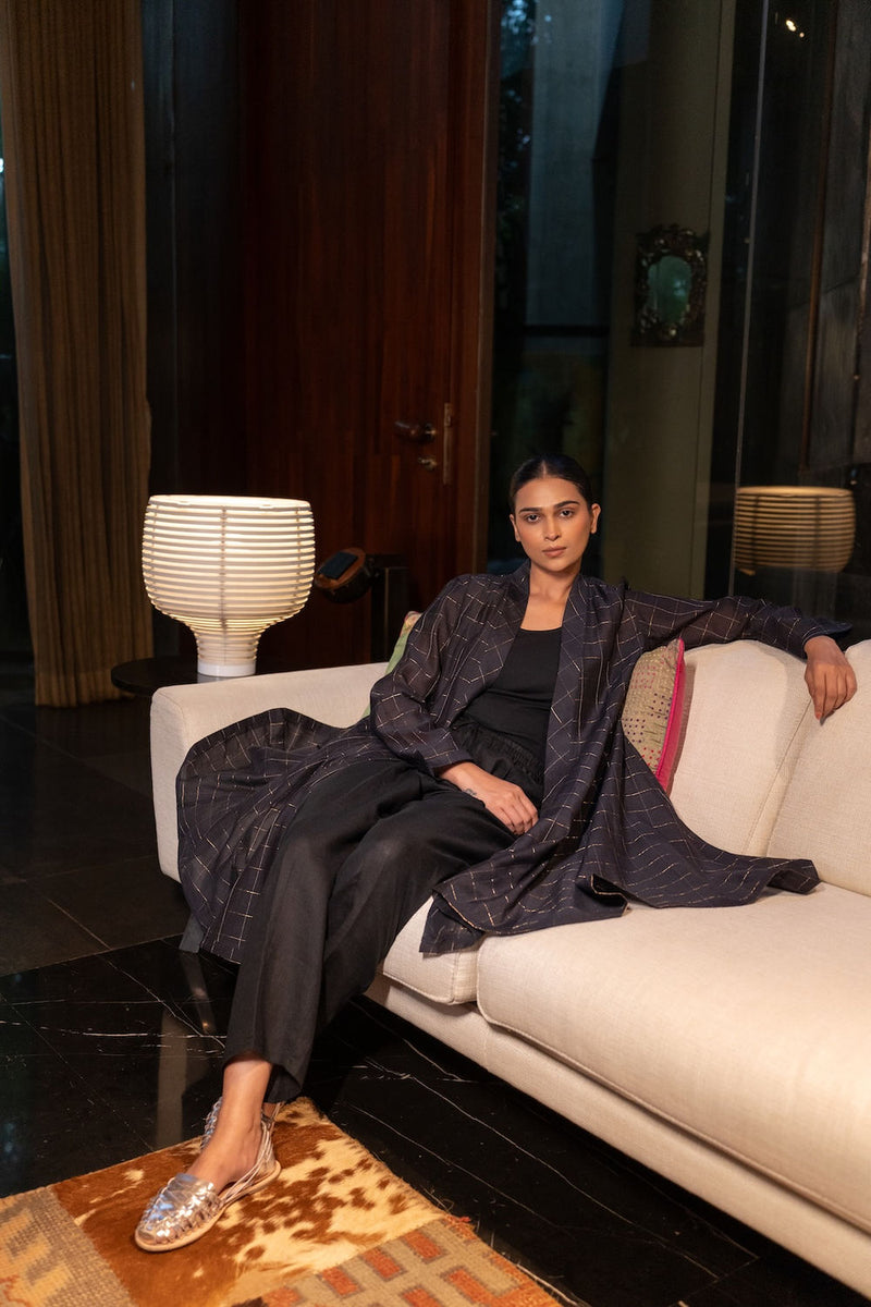 Kuro Chanderi Cape linen by Zanzibar Living in black, gold for women Worldwide