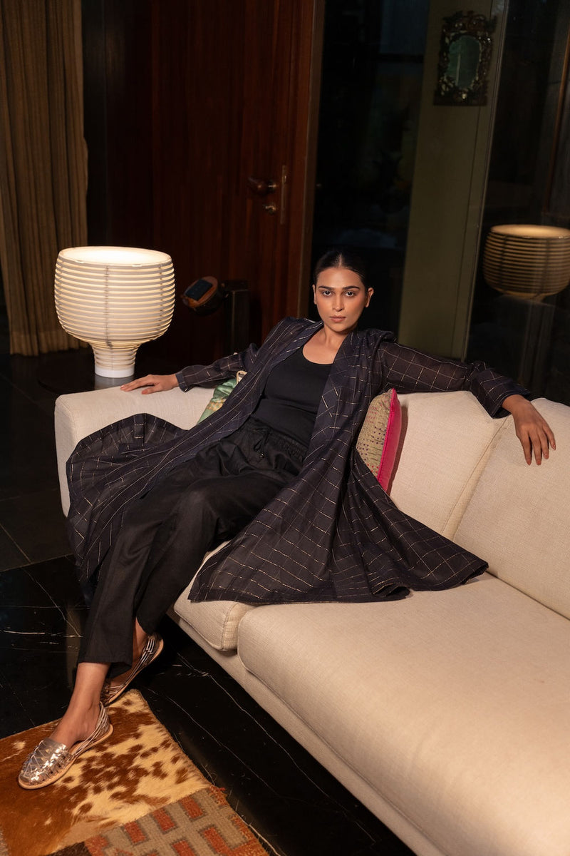 Kuro Chanderi Cape linen by Zanzibar Living in black, gold for women Worldwide