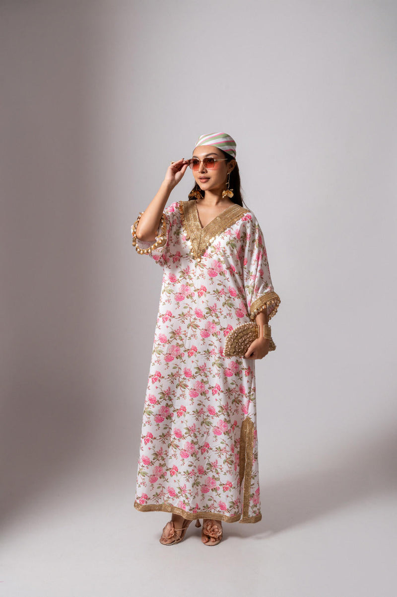 Linen digital print white kaftan dress-White & Pink linen by Maison Shefali for women Worldwide