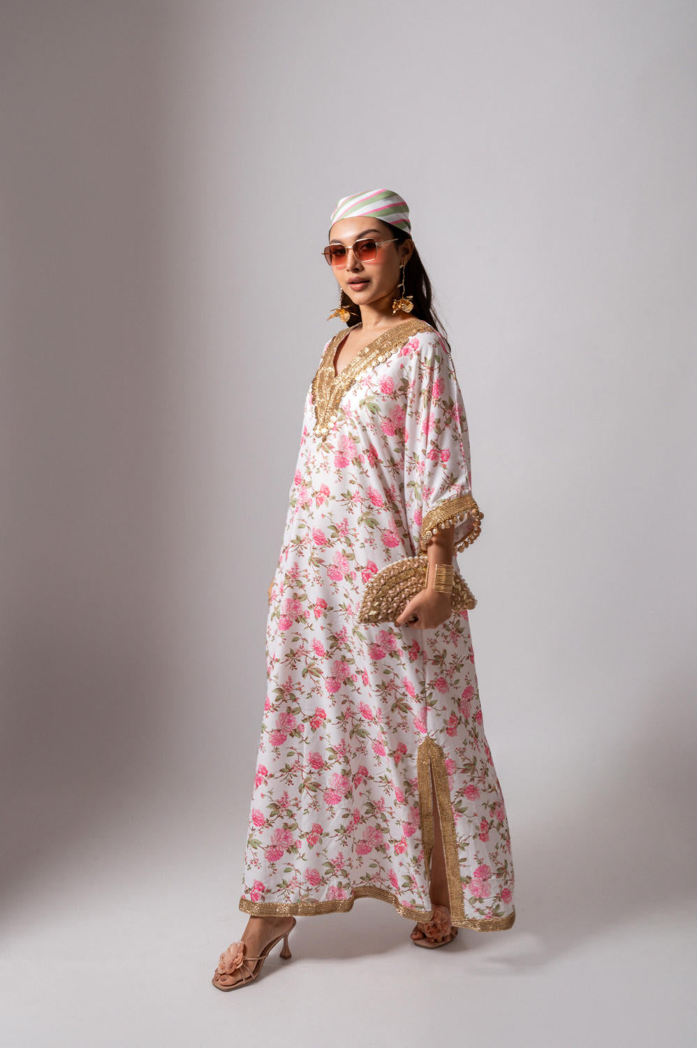 Linen digital print white kaftan dress-White & Pink