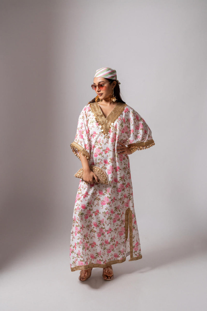 Linen digital print white kaftan dress-White & Pink linen by Maison Shefali for women Worldwide