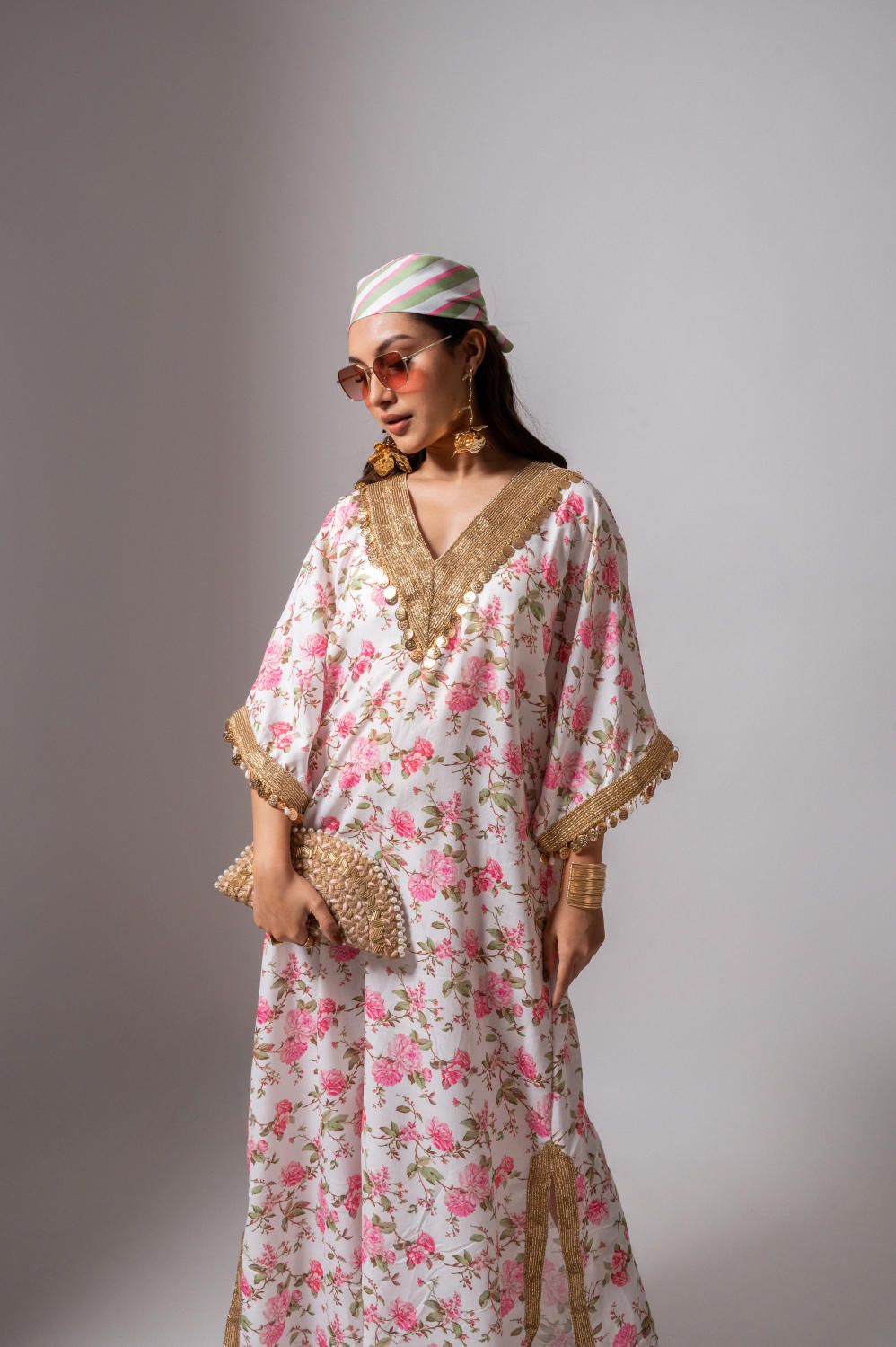 Linen digital print white kaftan dress-White & Pink