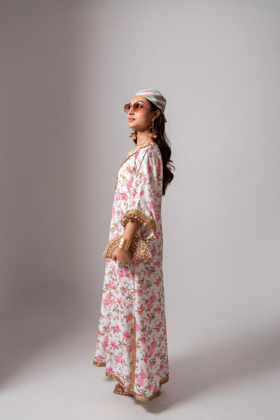 Linen digital print white kaftan dress-White & Pink