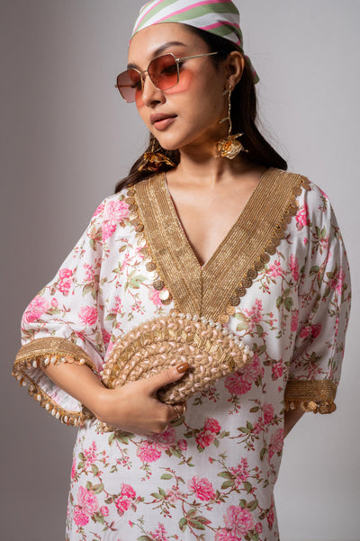 Linen digital print white kaftan dress-White & Pink