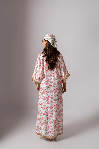 Linen digital print white kaftan dress-White & Pink