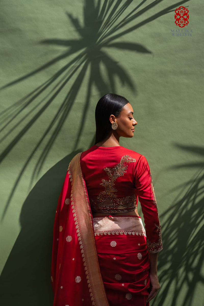 Zinnia red satin silk blouse hand embroidered