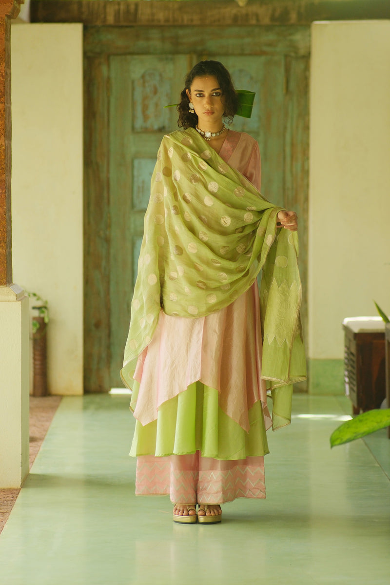 Saanjh Kurta Set dupion, chanderi silk kurta/kurta set by Myoho in pink for women Worldwide