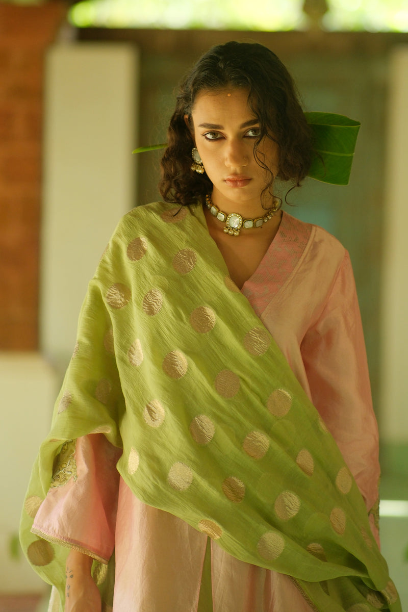 Saanjh Kurta Set dupion, chanderi silk kurta/kurta set by Myoho in pink for women Worldwide