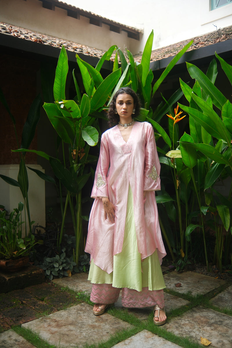 Saanjh Kurta Set dupion, chanderi silk kurta/kurta set by Myoho in pink for women Worldwide