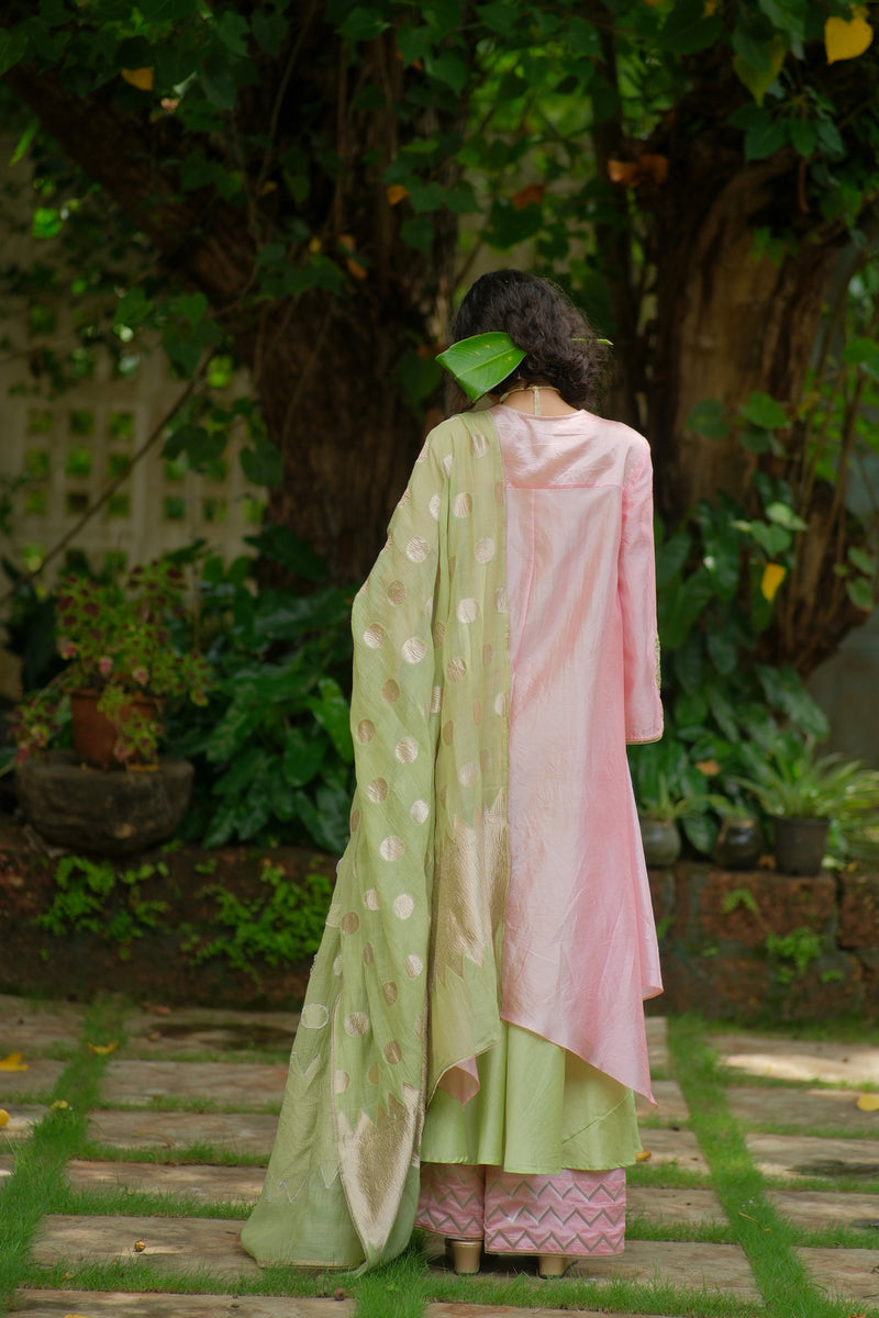 Saanjh Kurta Set dupion, chanderi silk kurta/kurta set by Myoho in pink for women Worldwide
