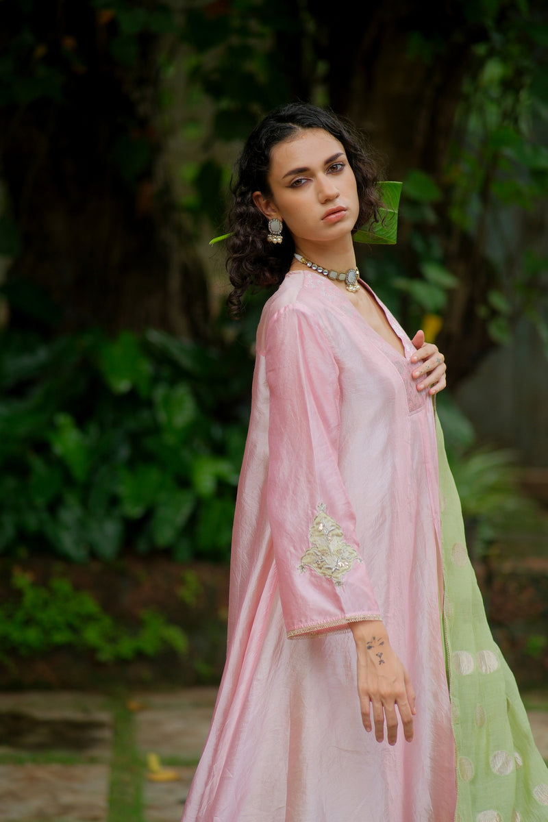 Saanjh Kurta Set dupion, chanderi silk kurta/kurta set by Myoho in pink for women Worldwide