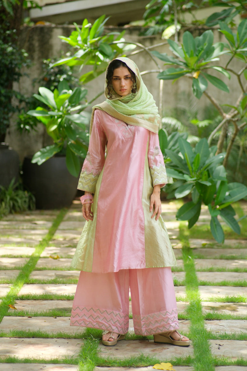 Palash Kurta Set dupion, chanderi silk kurta/kurta set by Myoho in pink for women Worldwide