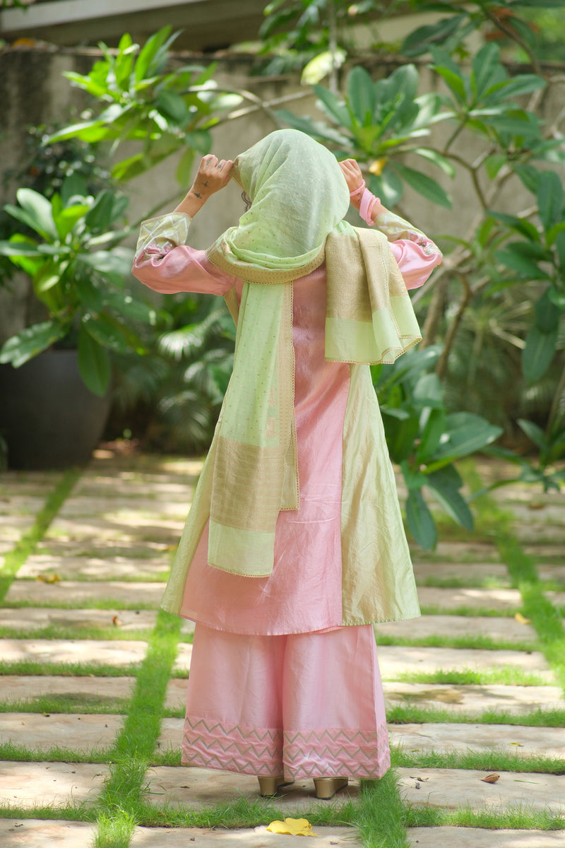 Palash Kurta Set dupion, chanderi silk kurta/kurta set by Myoho in pink for women Worldwide
