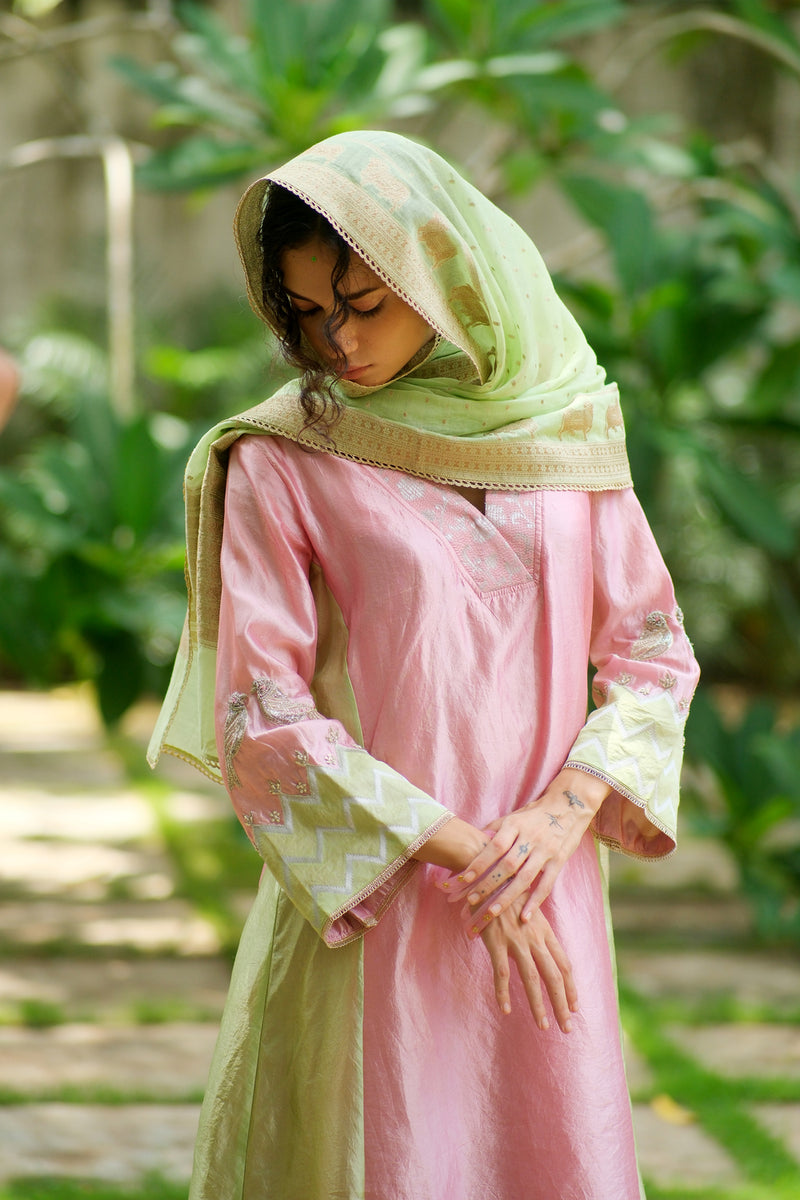 Palash Kurta Set dupion, chanderi silk kurta/kurta set by Myoho in pink for women Worldwide