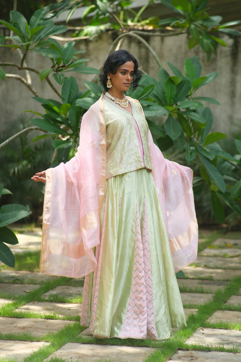 Aangan Lehenga Choli dupion, brocade lehenga sets by Myoho in sky for women Worldwide