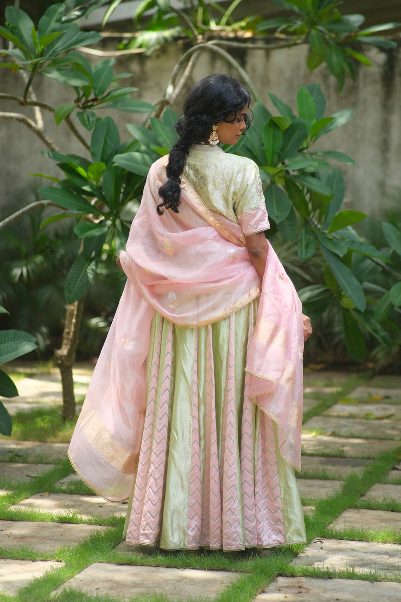 Aangan Lehenga Choli dupion, brocade lehenga sets by Myoho in sky for women Worldwide