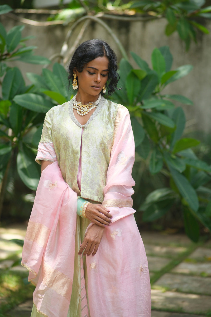 Aangan Lehenga Choli dupion, brocade lehenga sets by Myoho in sky for women Worldwide