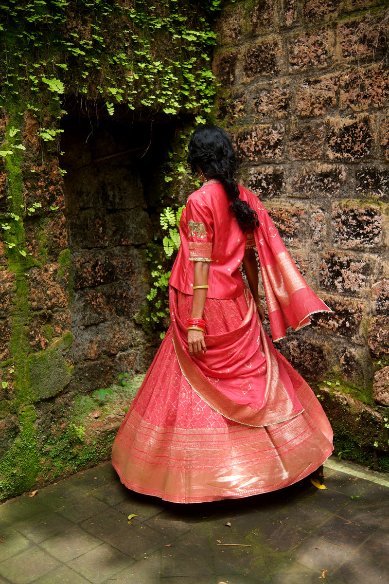 Khumar Lehenga Choli brocade lehenga sets by Myoho in red for women Worldwide