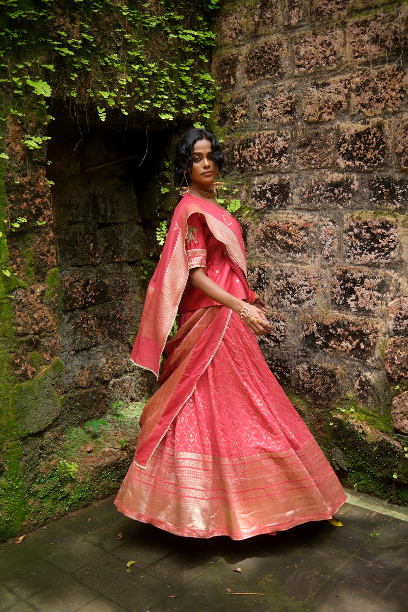 Khumar Lehenga Choli brocade lehenga sets by Myoho in red for women Worldwide