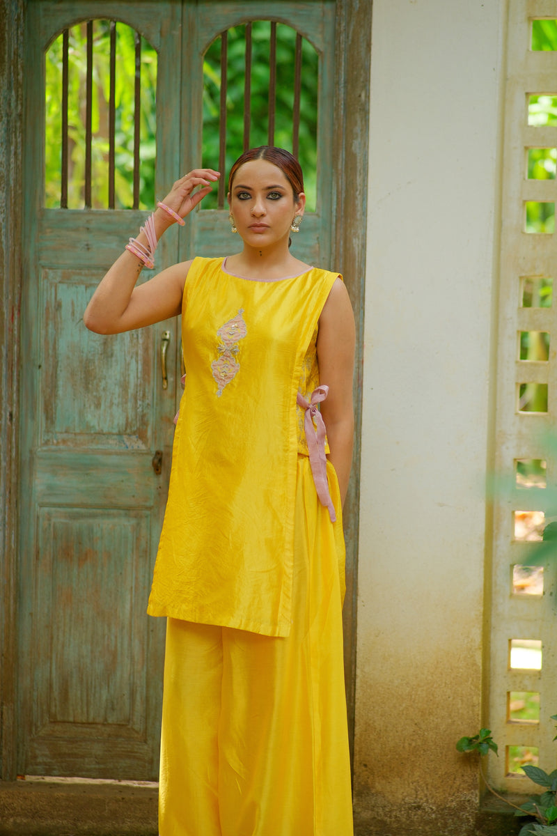 Amara Kurta Set dupion, chanderi silk kurta/kurta set by Myoho in yellow for women Worldwide
