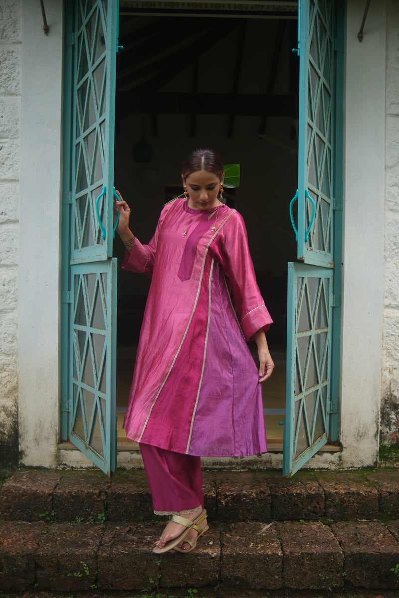 Bela Kurta Set dupion, chanderi silk kurta/kurta set by Myoho in pink for women Worldwide