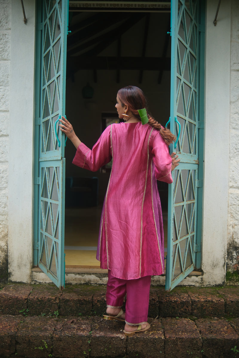 Bela Kurta Set dupion, chanderi silk kurta/kurta set by Myoho in pink for women Worldwide