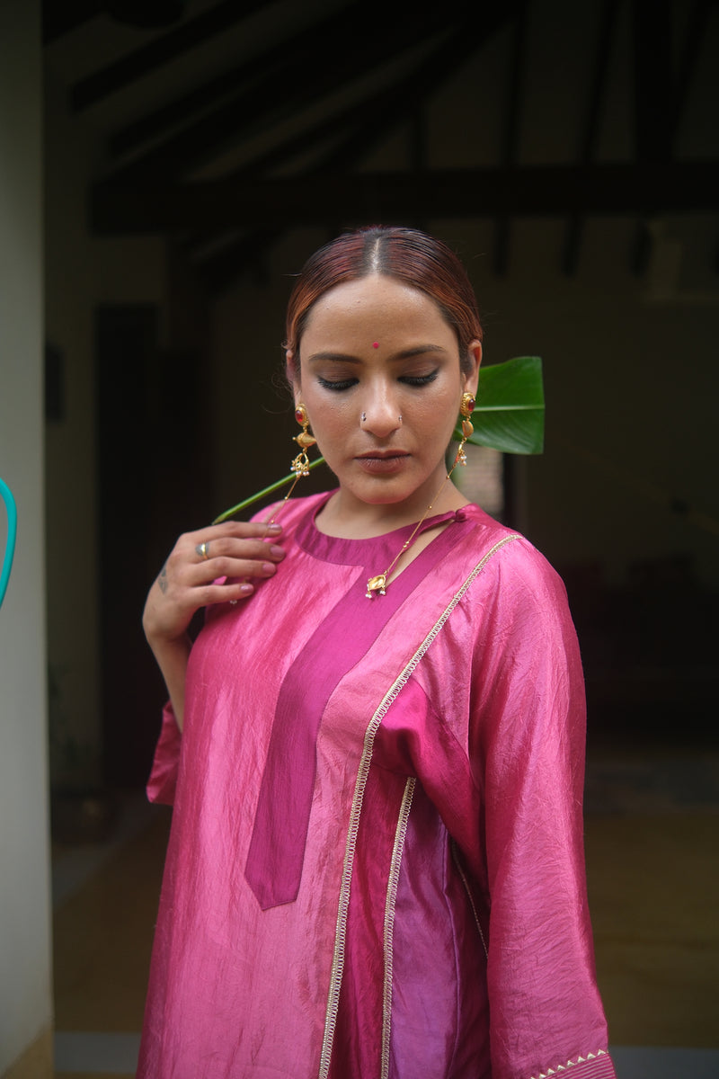 Bela Kurta Set dupion, chanderi silk kurta/kurta set by Myoho in pink for women Worldwide