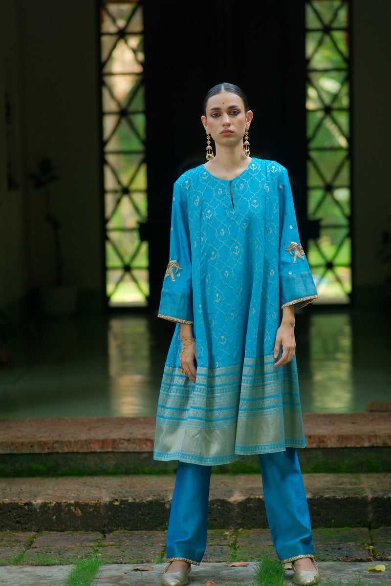 Nadi Kurta Set brocade, chanderi silk kurta/kurta set by Myoho in turqouise for women Worldwide