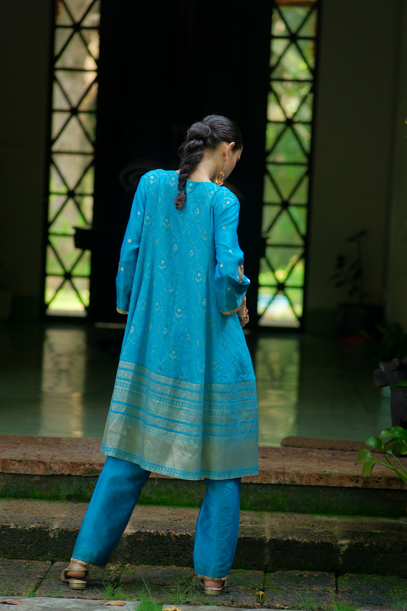 Nadi Kurta Set brocade, chanderi silk kurta/kurta set by Myoho in turqouise for women Worldwide