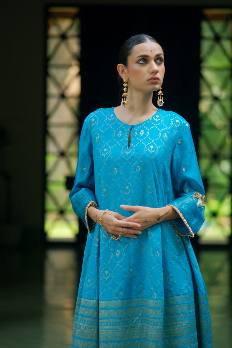 Nadi Kurta Set brocade, chanderi silk kurta/kurta set by Myoho in turqouise for women Worldwide