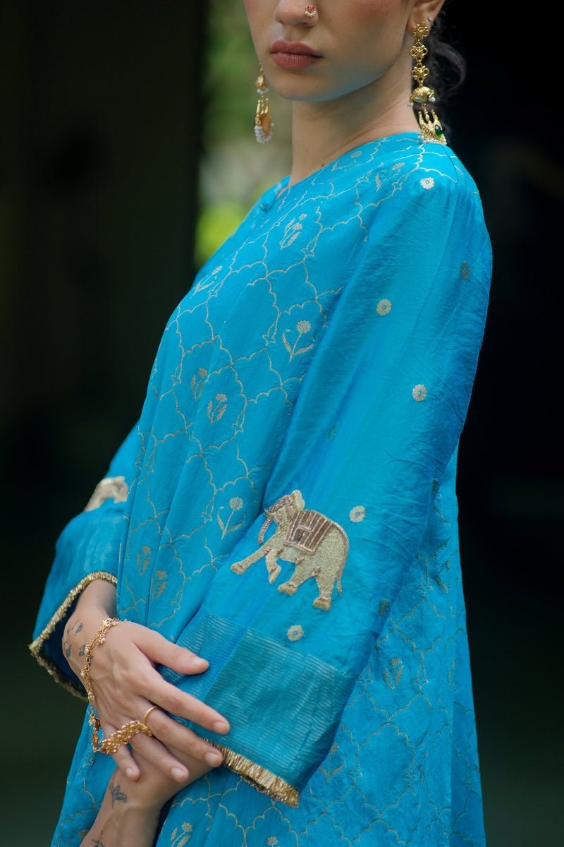 Nadi Kurta Set brocade, chanderi silk kurta/kurta set by Myoho in turqouise for women Worldwide