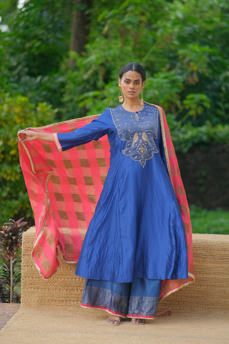 Ojas Kurta Set dupion silk, tissue kurta/kurta set by Myoho in blue for women Worldwide