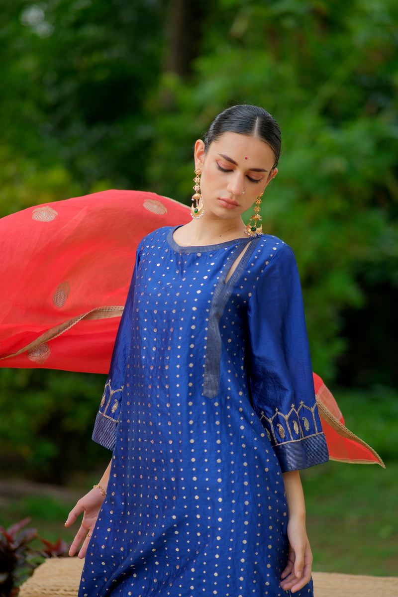Tara Kurta Set brocade, chanderi silk kurta/kurta set by Myoho in blue for women Worldwide
