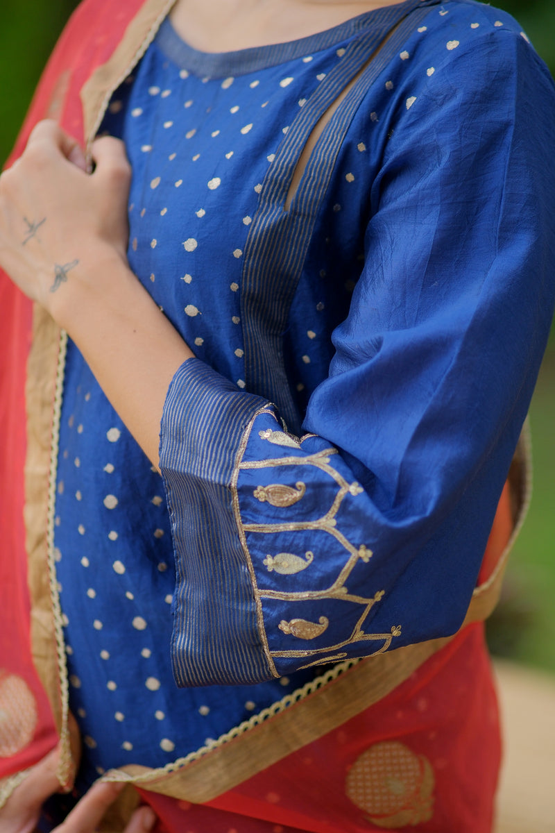 Tara Kurta Set brocade, chanderi silk kurta/kurta set by Myoho in blue for women Worldwide