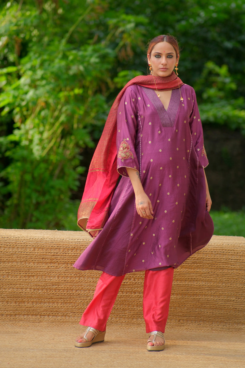 Prabha Kurta Set brocade, chanderi silk kurta/kurta set by Myoho in purple for women Worldwide