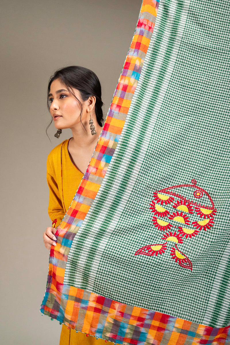 Suryoday Set (3 Piece - Kurta, Palazzo & Dupatta) cotton,gamcha co-ord set by 145 East in yellow, green for women Worldwide