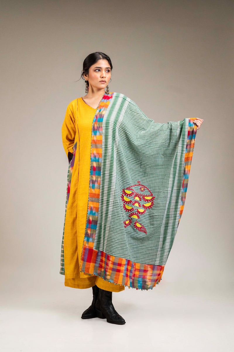Suryoday Set (3 Piece - Kurta, Palazzo & Dupatta) cotton,gamcha co-ord set by 145 East in yellow, green for women Worldwide