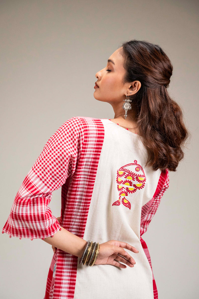 Usha Dress cotton,gamcha dress by 145 East in red, white for women Worldwide