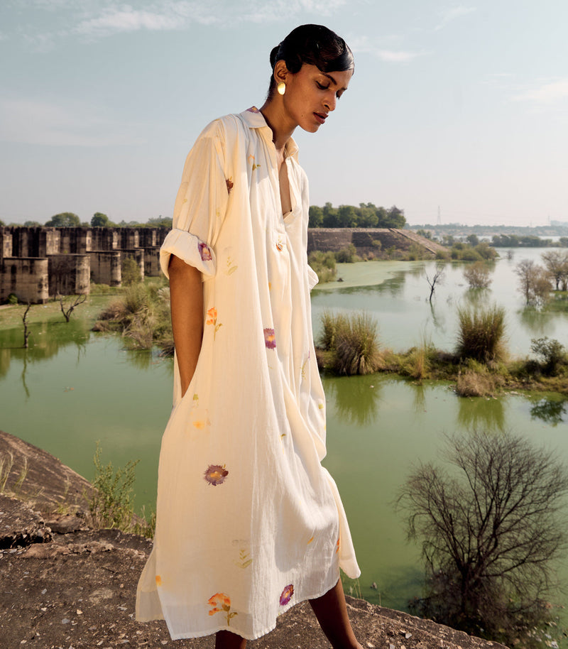 Dove shirt dress cotton by Khara Kapas in white for women Worldwide