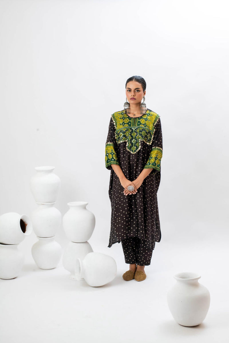 Tora Masai Ajrak Anti Fit Kurta Set satin by PRAHNAAYA in black color for women Worldwide