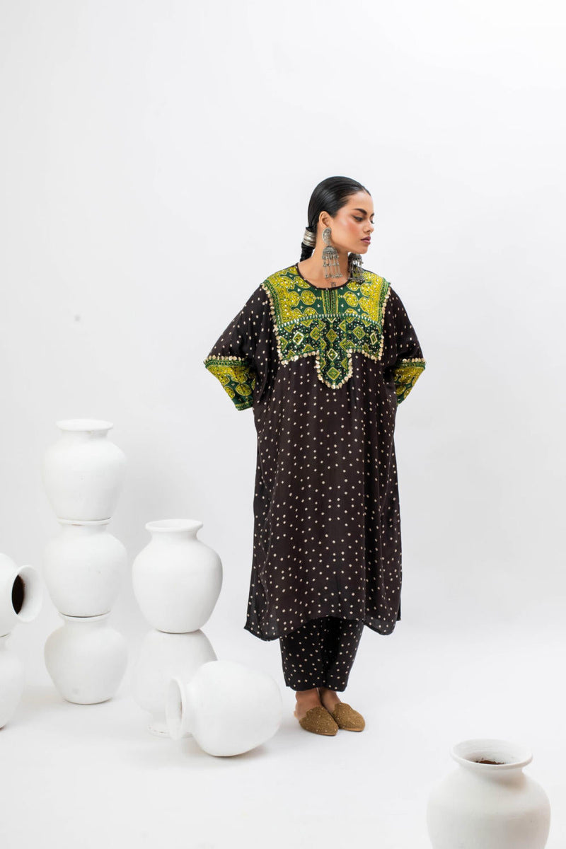 Tora Masai Ajrak Anti Fit Kurta Set satin by PRAHNAAYA in black color for women Worldwide