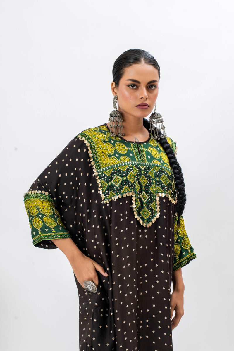 Tora Masai Ajrak Anti Fit Kurta Set satin by PRAHNAAYA in black color for women Worldwide