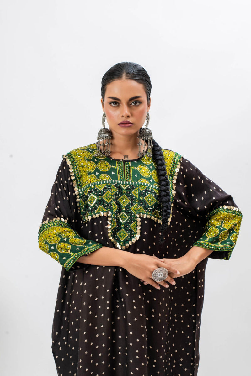 Tora Masai Ajrak Anti Fit Kurta Set satin by PRAHNAAYA in black color for women Worldwide