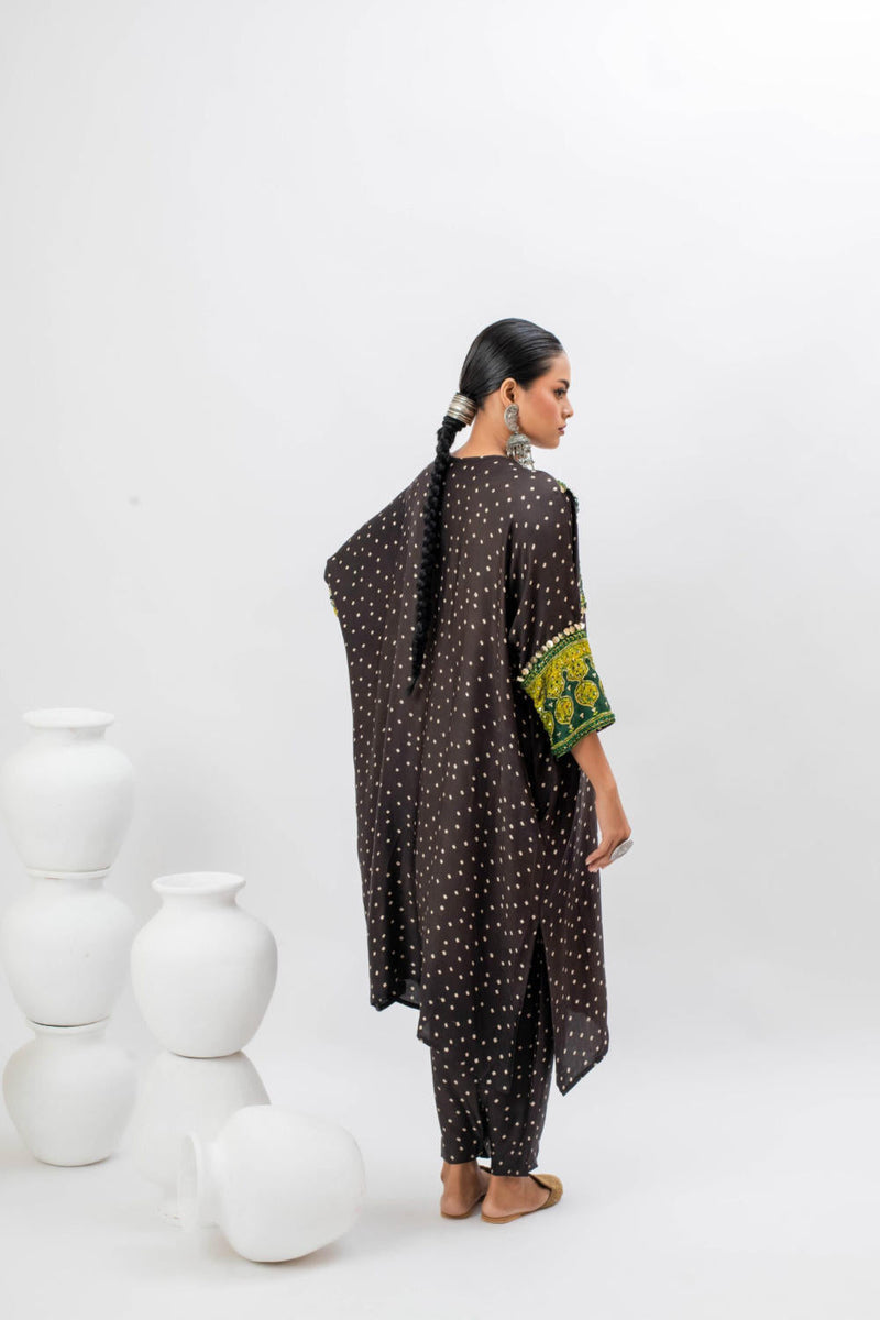 Tora Masai Ajrak Anti Fit Kurta Set satin by PRAHNAAYA in black color for women Worldwide