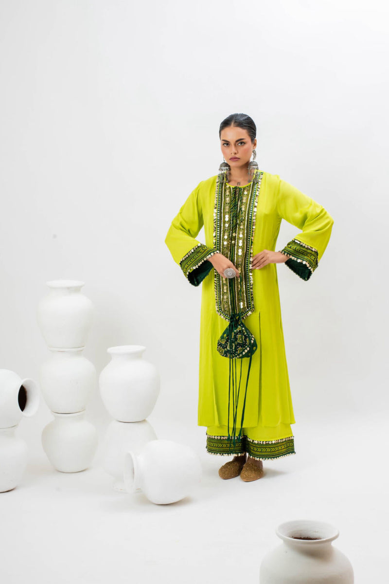 Marrakech Long Kurta Set with Oversize Pants satin by PRAHNAAYA in green color for women Worldwide