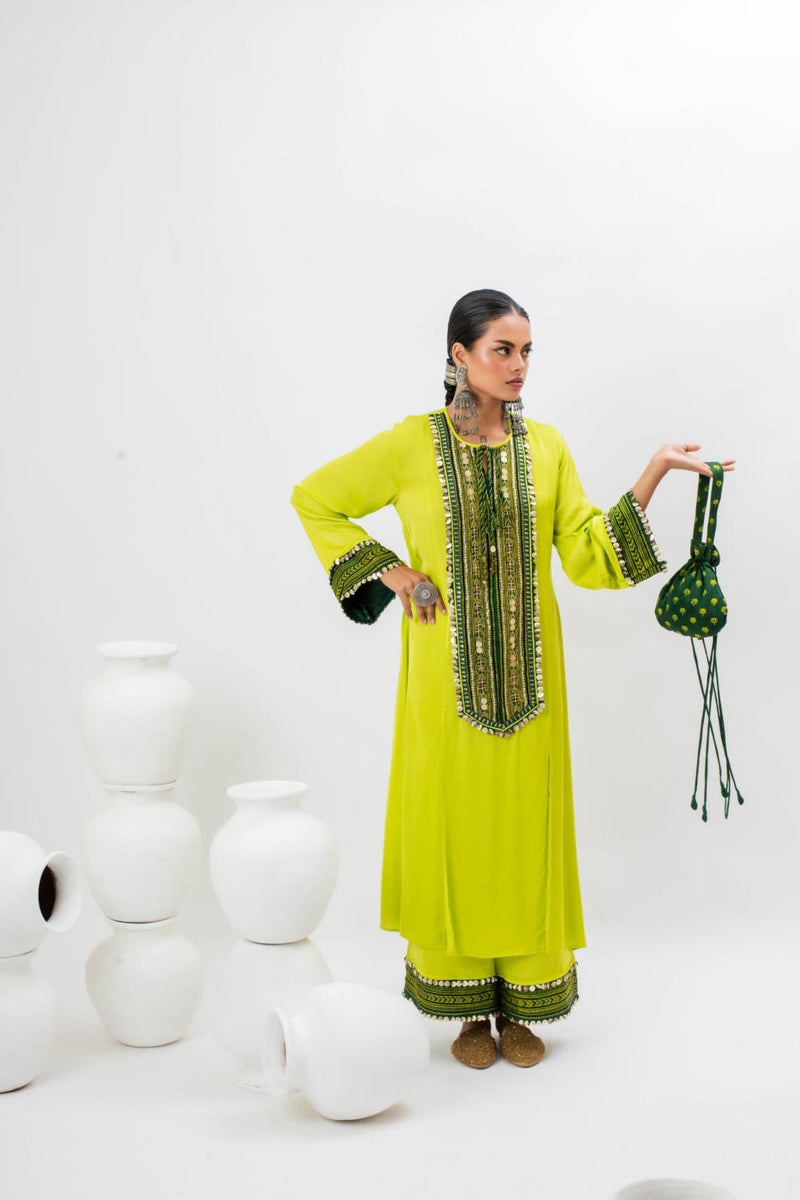 Marrakech Long Kurta Set with Oversize Pants satin by PRAHNAAYA in green color for women Worldwide